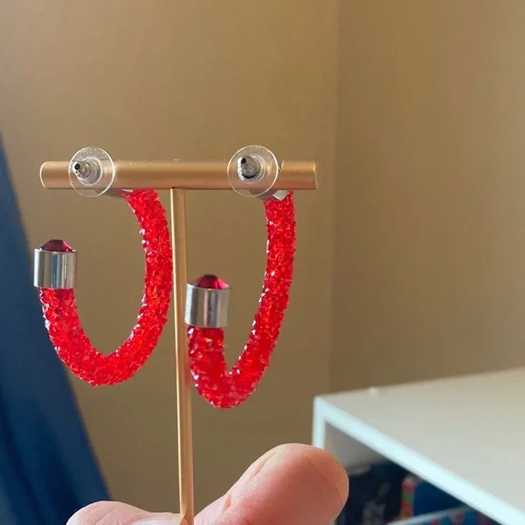 Red Crystal Textured Hoop Earrings - Picture 7 of 9